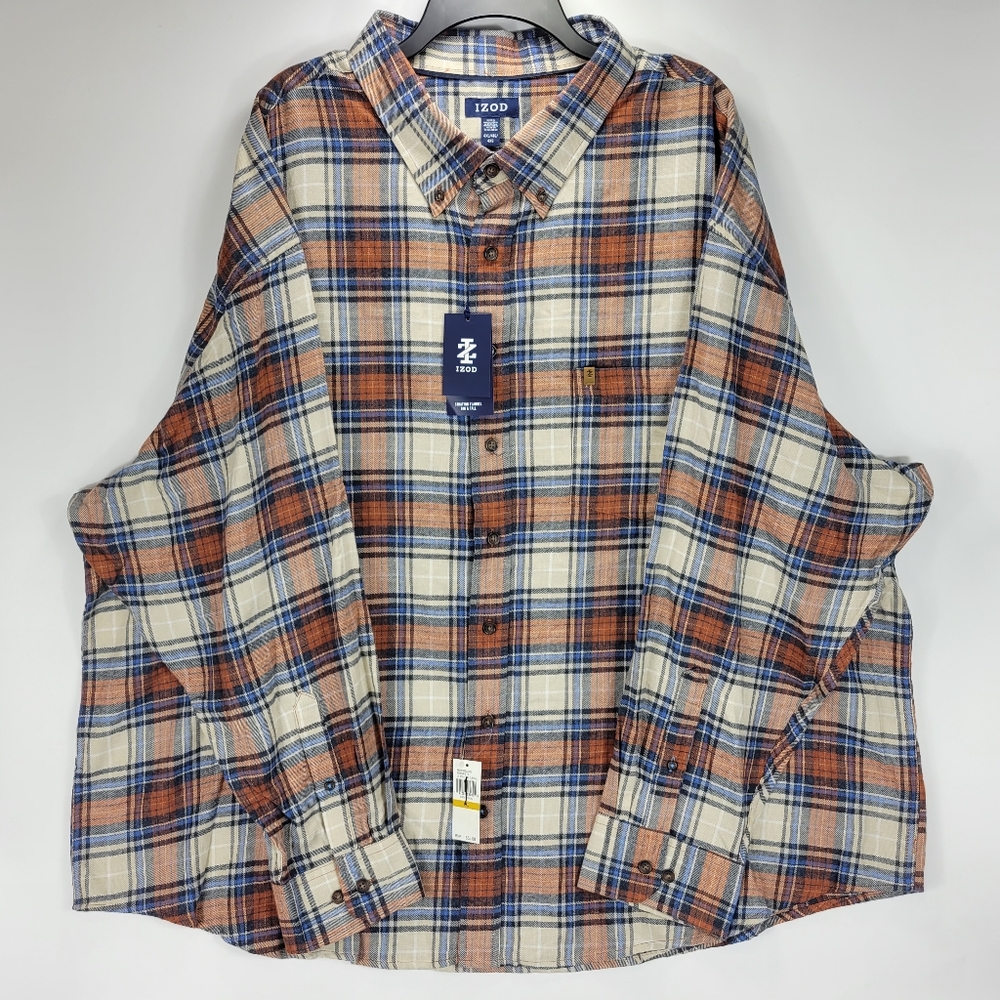 Izod Stratton Flannel Long Sleeve Button Front Shirt Mens 4XL Orange Beige Blue